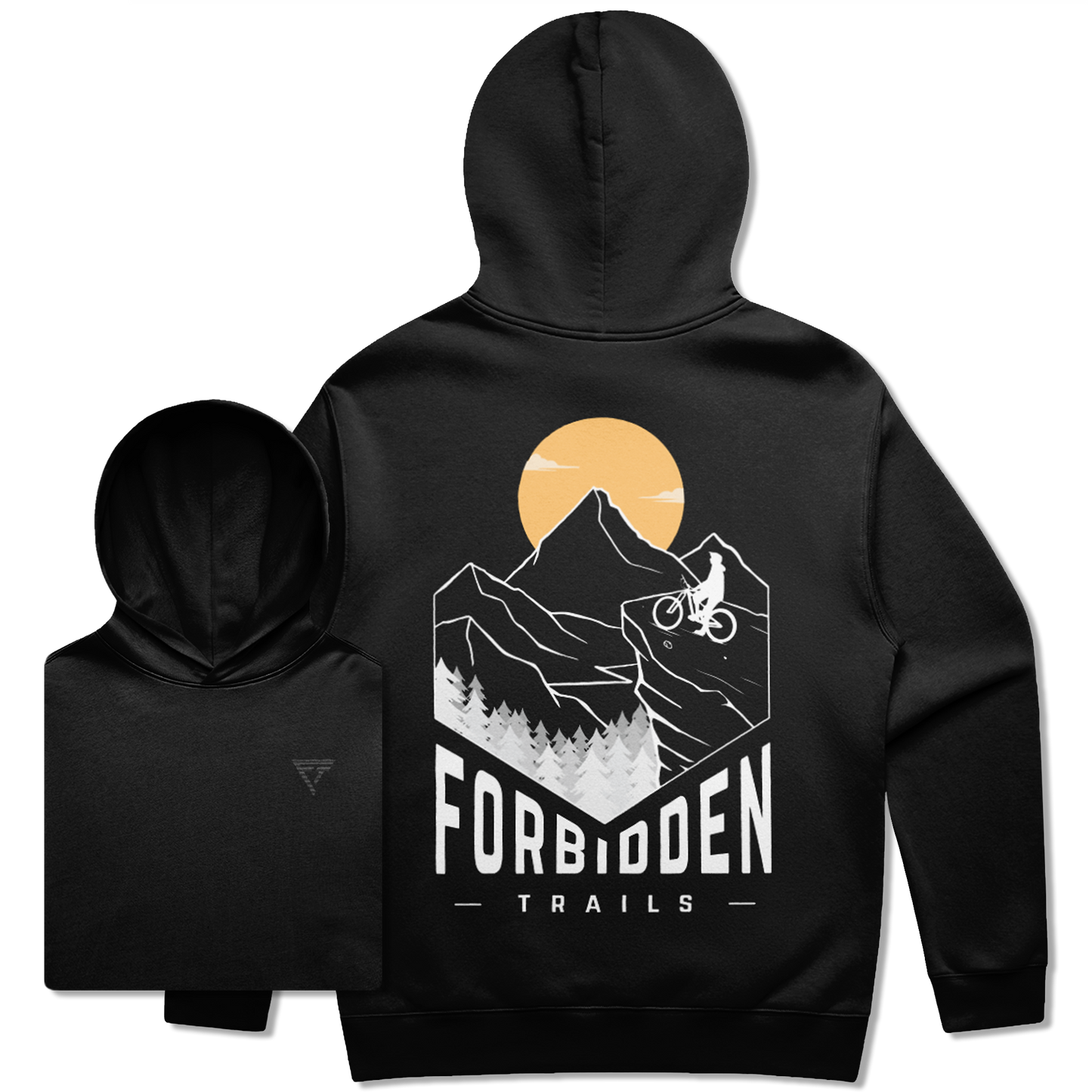 Black hoodie with a graphic of a mountain biker sitting on his bike in the mountains with Forbidden Trails text