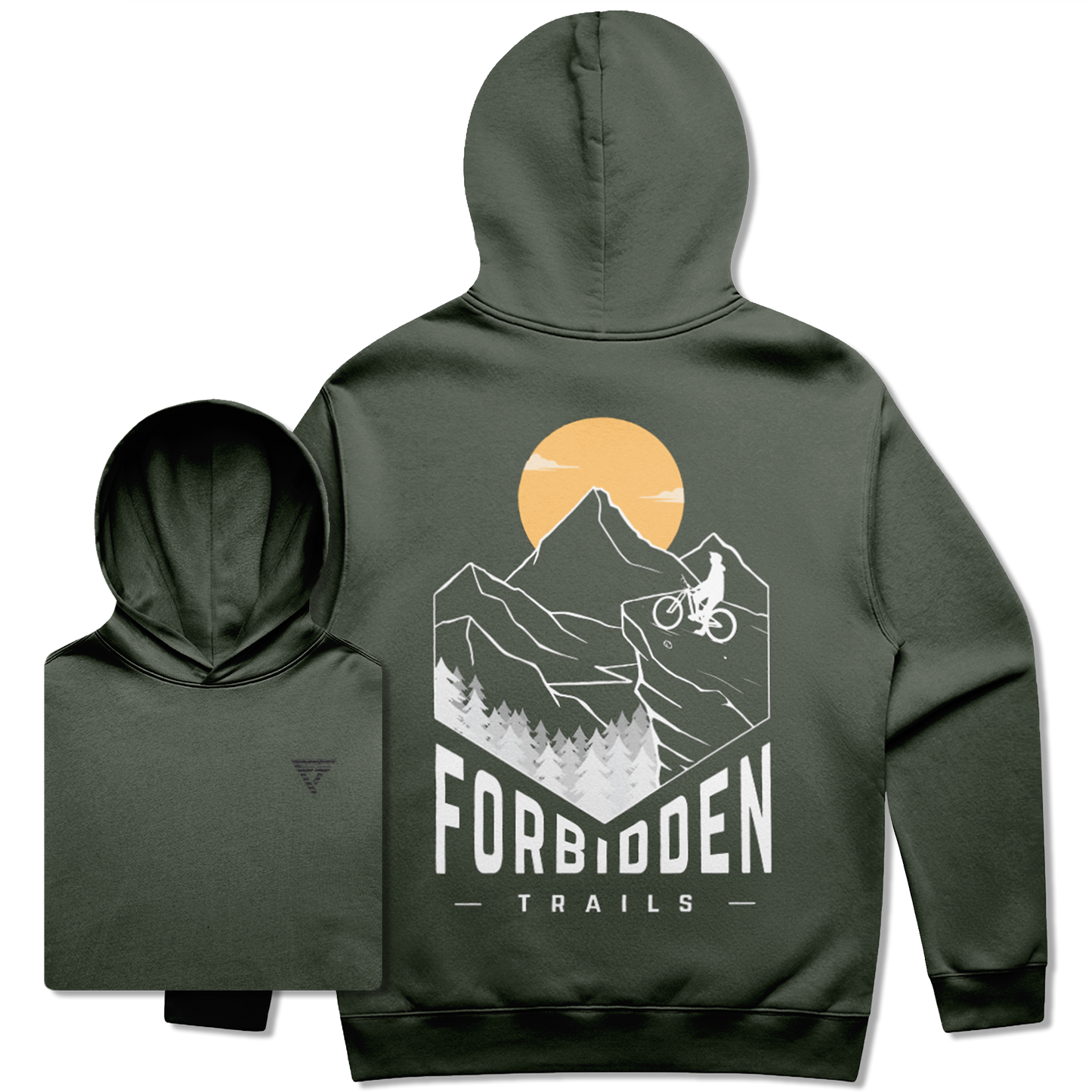 Green hoodie with a graphic of a mountain biker sitting on his bike in the mountains with Forbidden Trails text