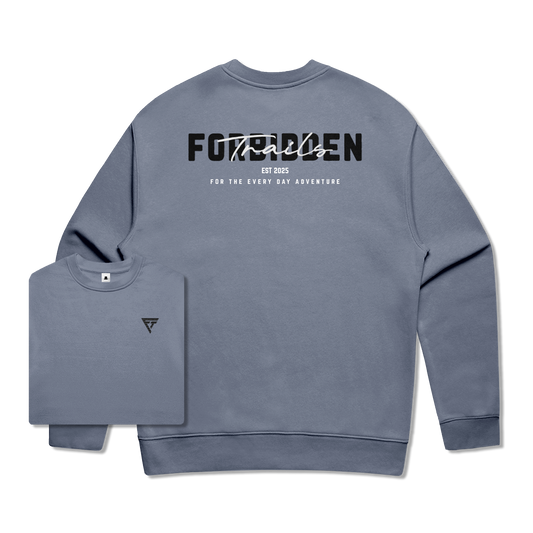 Blue sweatshirt with forbidden trails text on the back