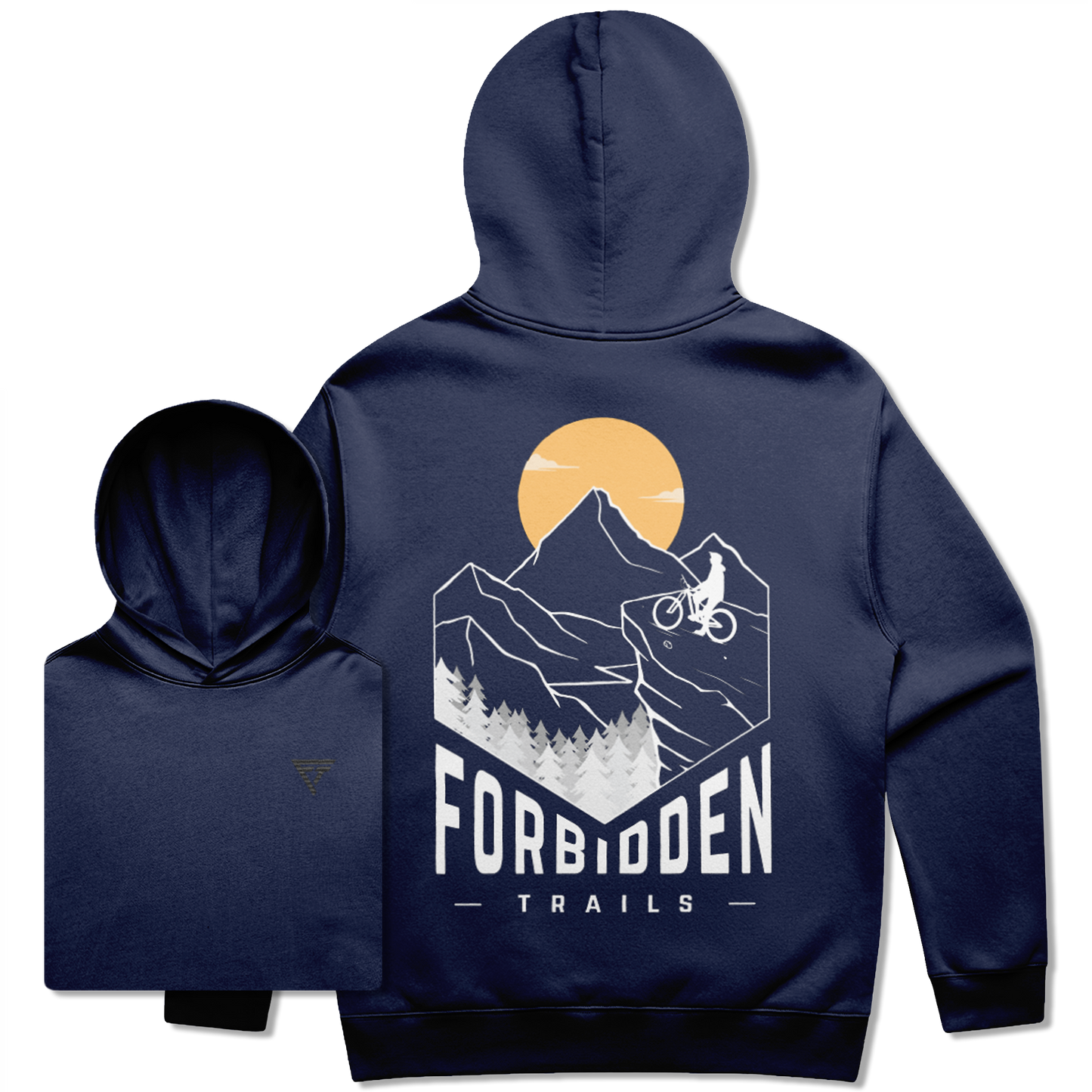 Navy blue hoodie with a graphic of a mountain biker sitting on his bike in the mountains with Forbidden Trails text