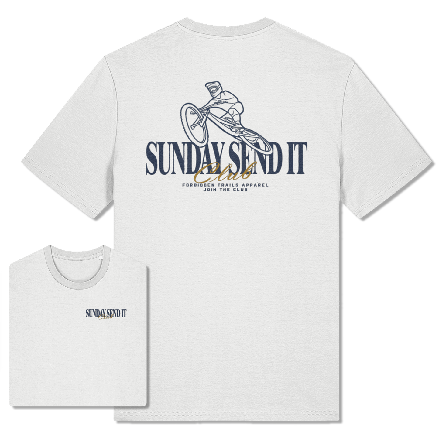 White t-shirt with 'Sunday Send It club' text and Mountain biker graphic design