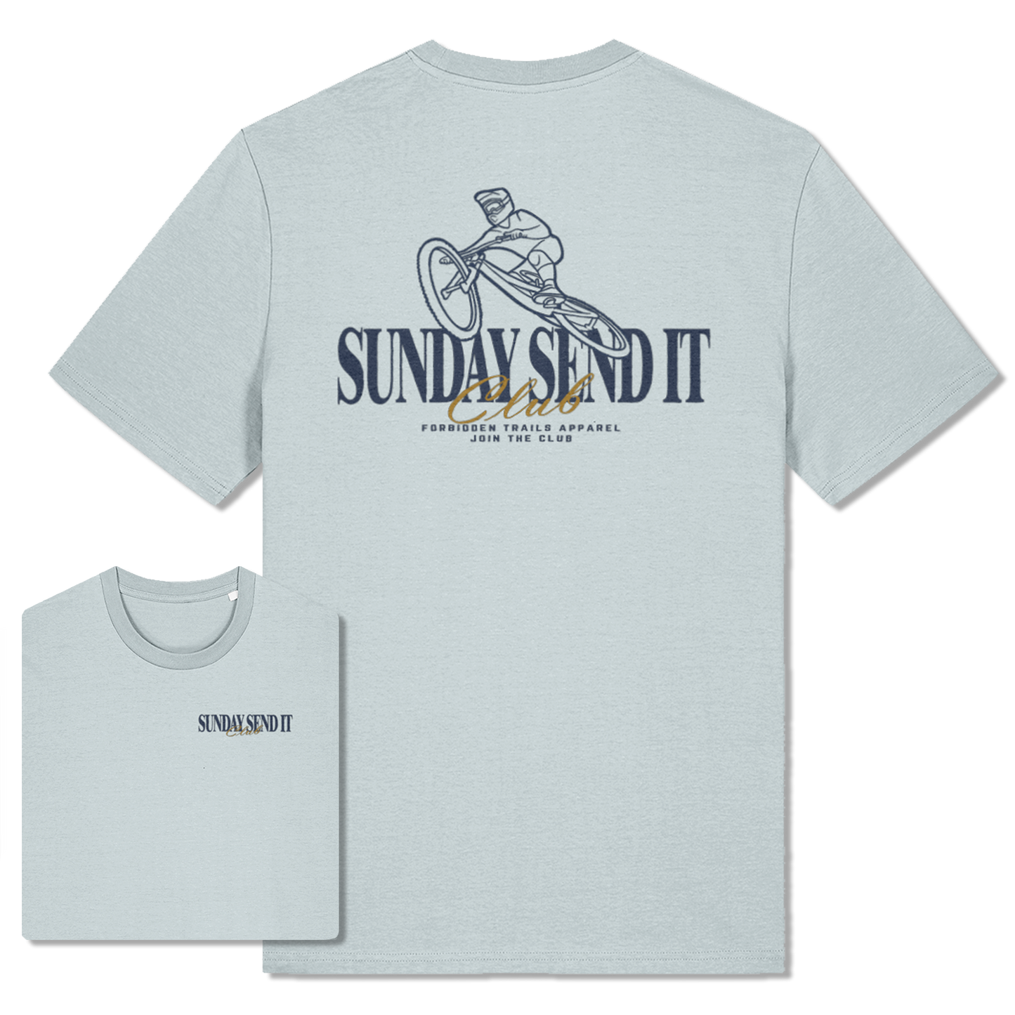 Light blue t-shirt with 'Sunday Send It club' text and Mountain biker graphic design
