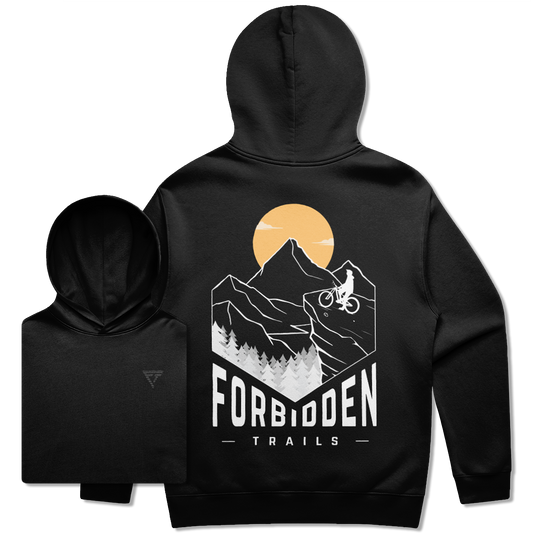 Black hoodie with a graphic of a mountain biker sitting on his bike in the mountains with Forbidden Trails text 