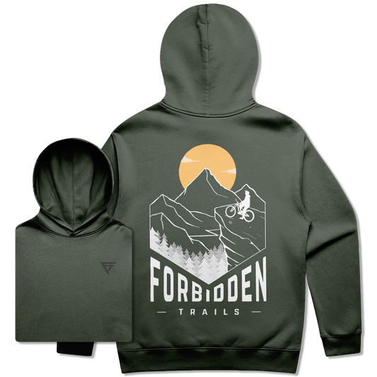 Green hoodie with a graphic of a mountain biker sitting on his bike in the mountains with Forbidden Trails text 