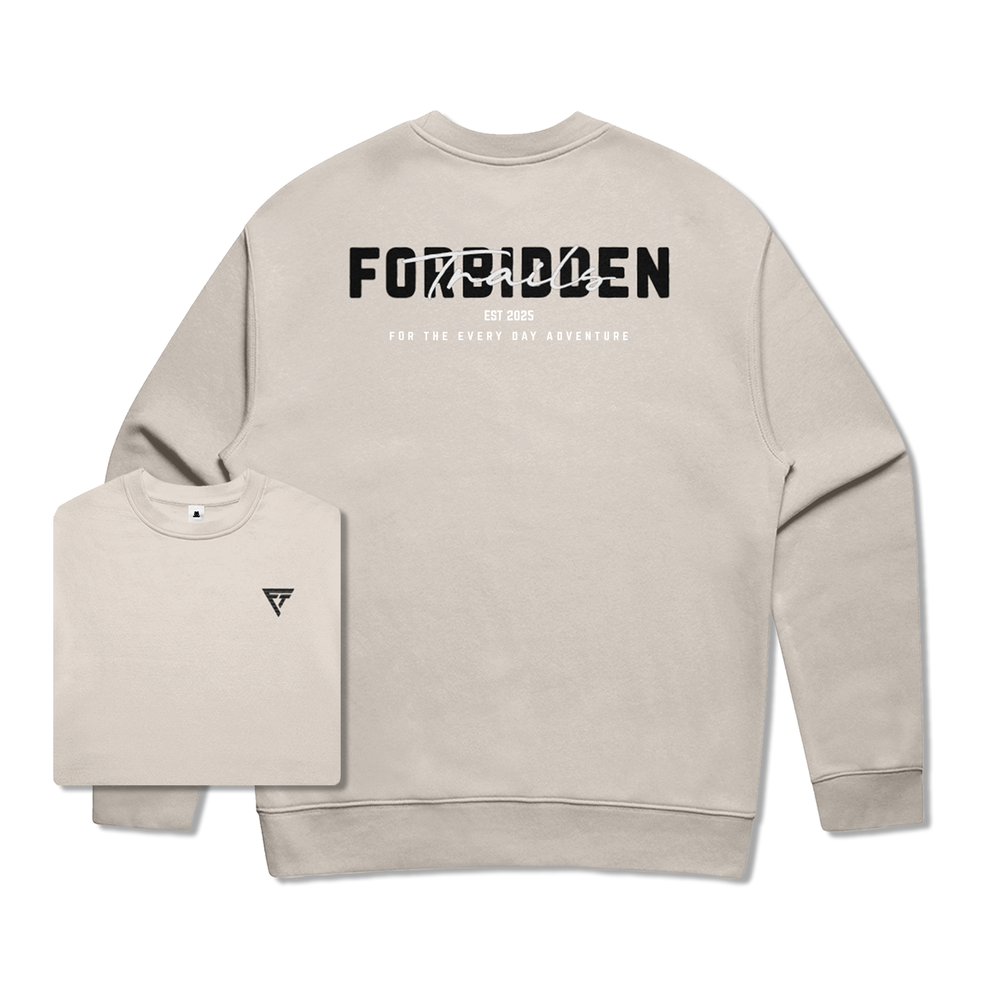 Beige sweatshirt with 'FORBIDDEN trails' text on the back