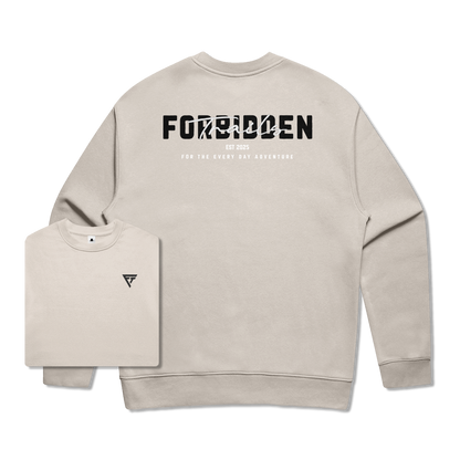 Beige sweatshirt with 'FORBIDDEN trails' text on the back