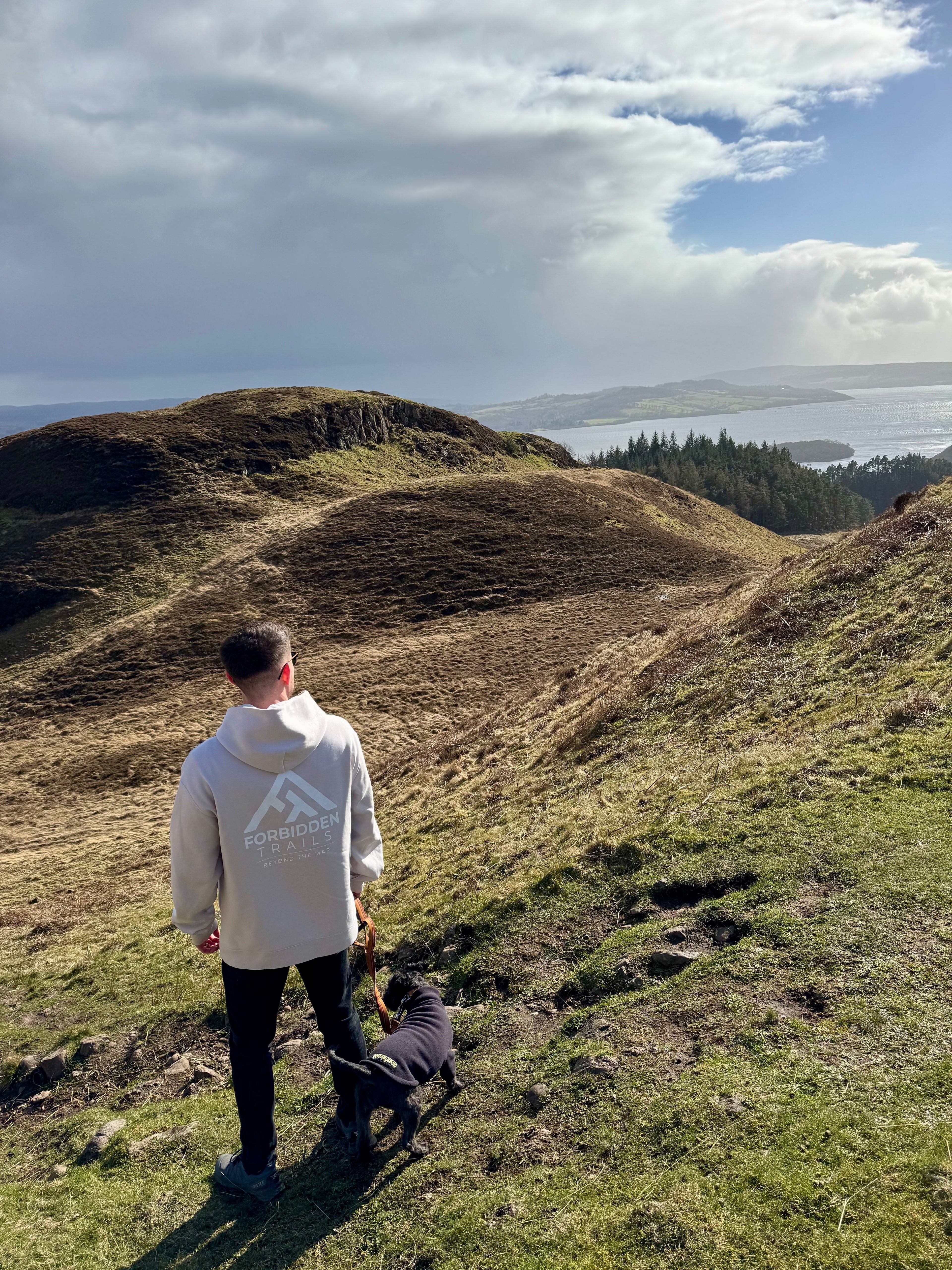 Person and dog standing on a grassy hill with a scenic view of a lake and mountains.