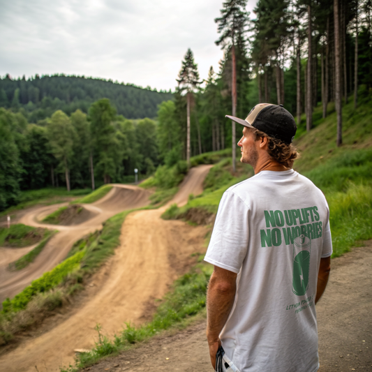 Man standing on a dirt bike track with a white tshirt saying no uplift no worries. Graphic showing a battery