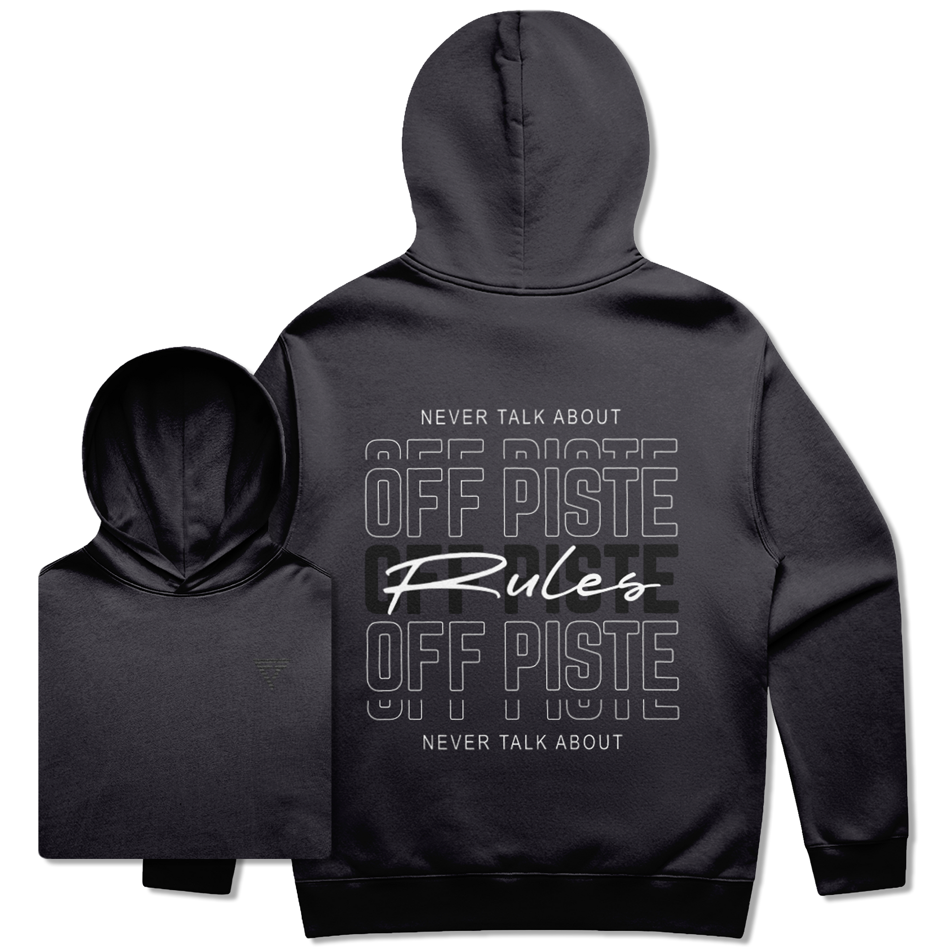 Ink Blue Hoodie with text saying off piste rules