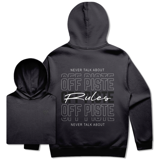 Ink Blue Hoodie with text saying off piste rules