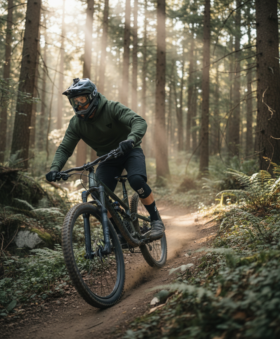 a guy wearing a green forbidden trails hoodie riding a mountain bike 