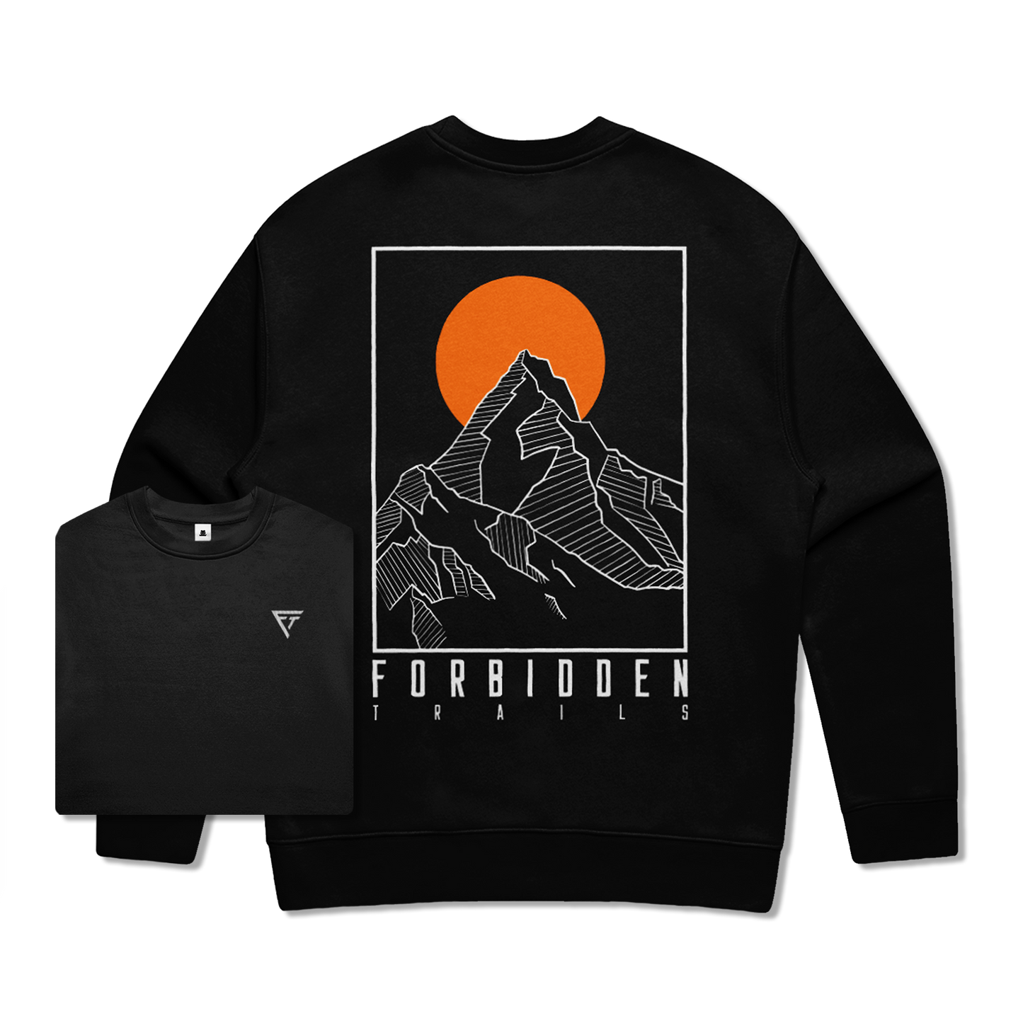 Black sweatshirt with mountain and sun design and 'Forbidden Trails' text on a the back