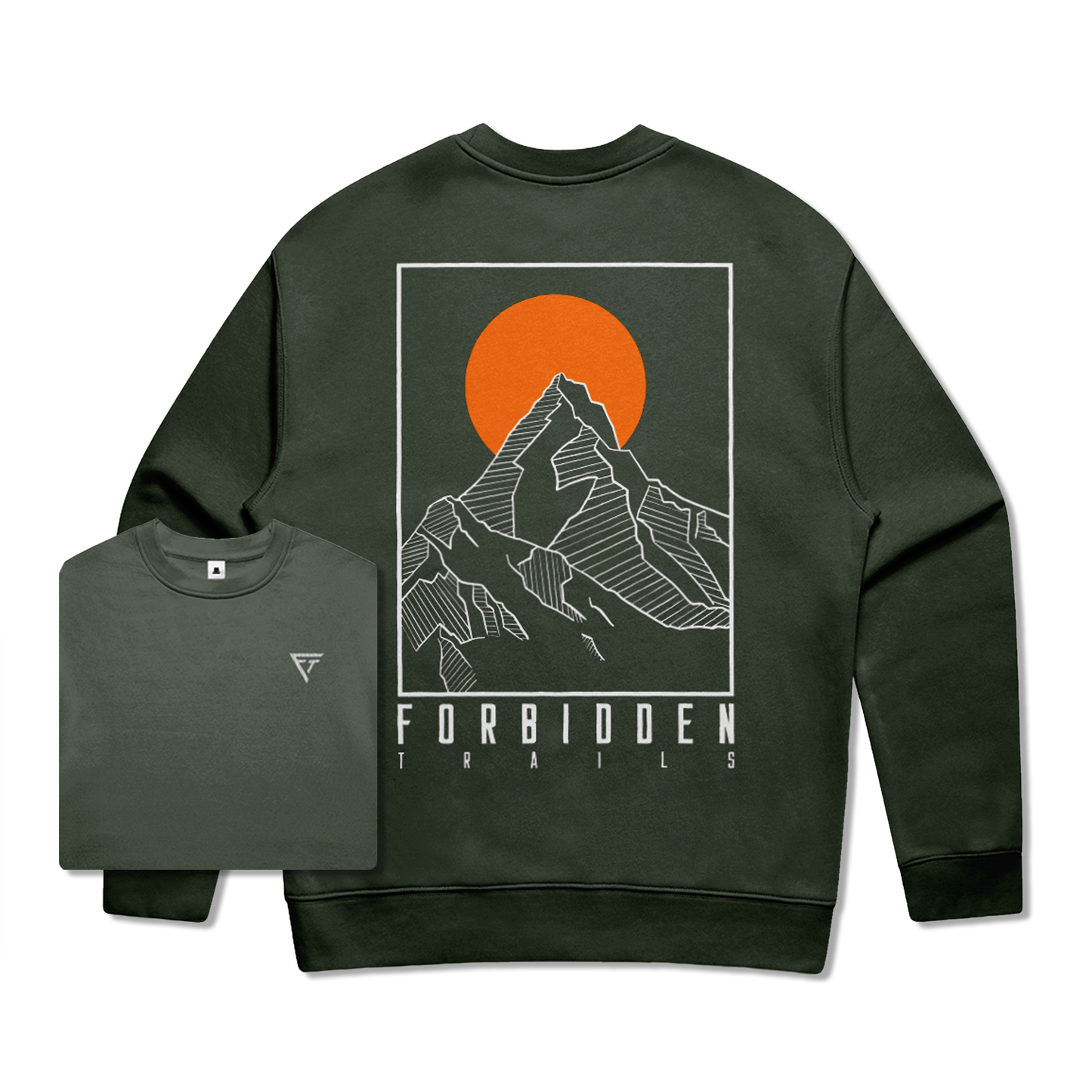 Green sweatshirt with mountain and sun design on back with Forbidden trails text