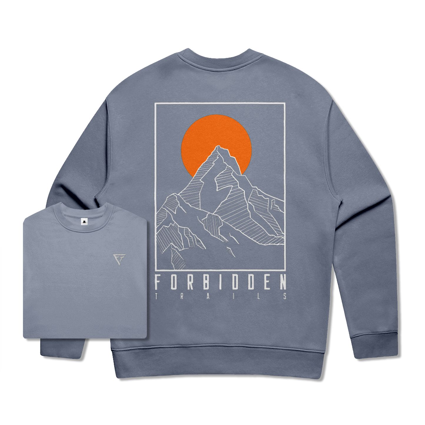 Blue sweatshirt with mountain and sun design on back with Forbidden trails text