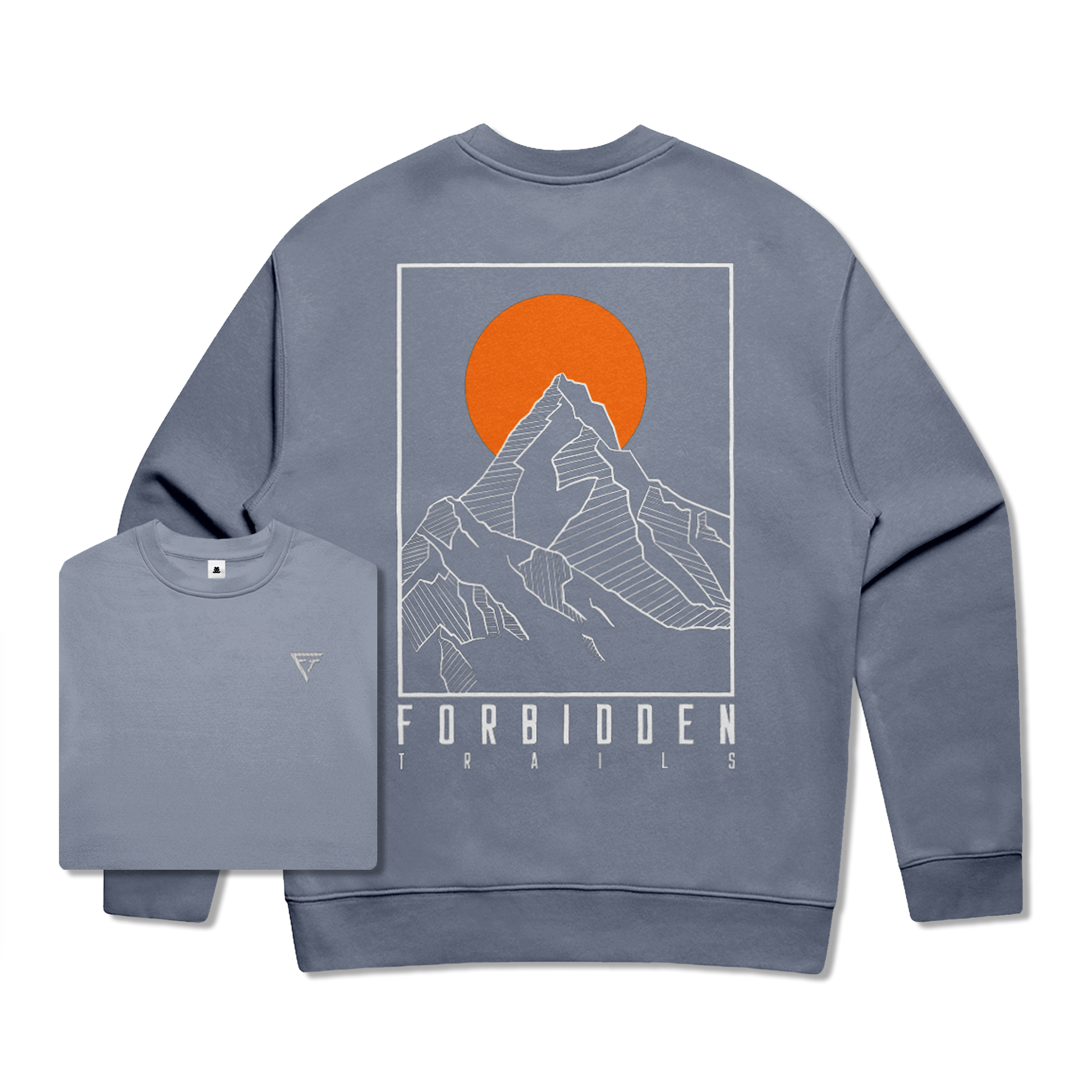 Blue sweatshirt with mountain and sun design on back with Forbidden trails text