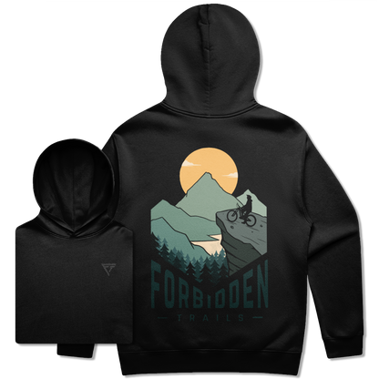 Black hoodie with 'Forbidden Trails' graphic on back with mountain biker in the mountains