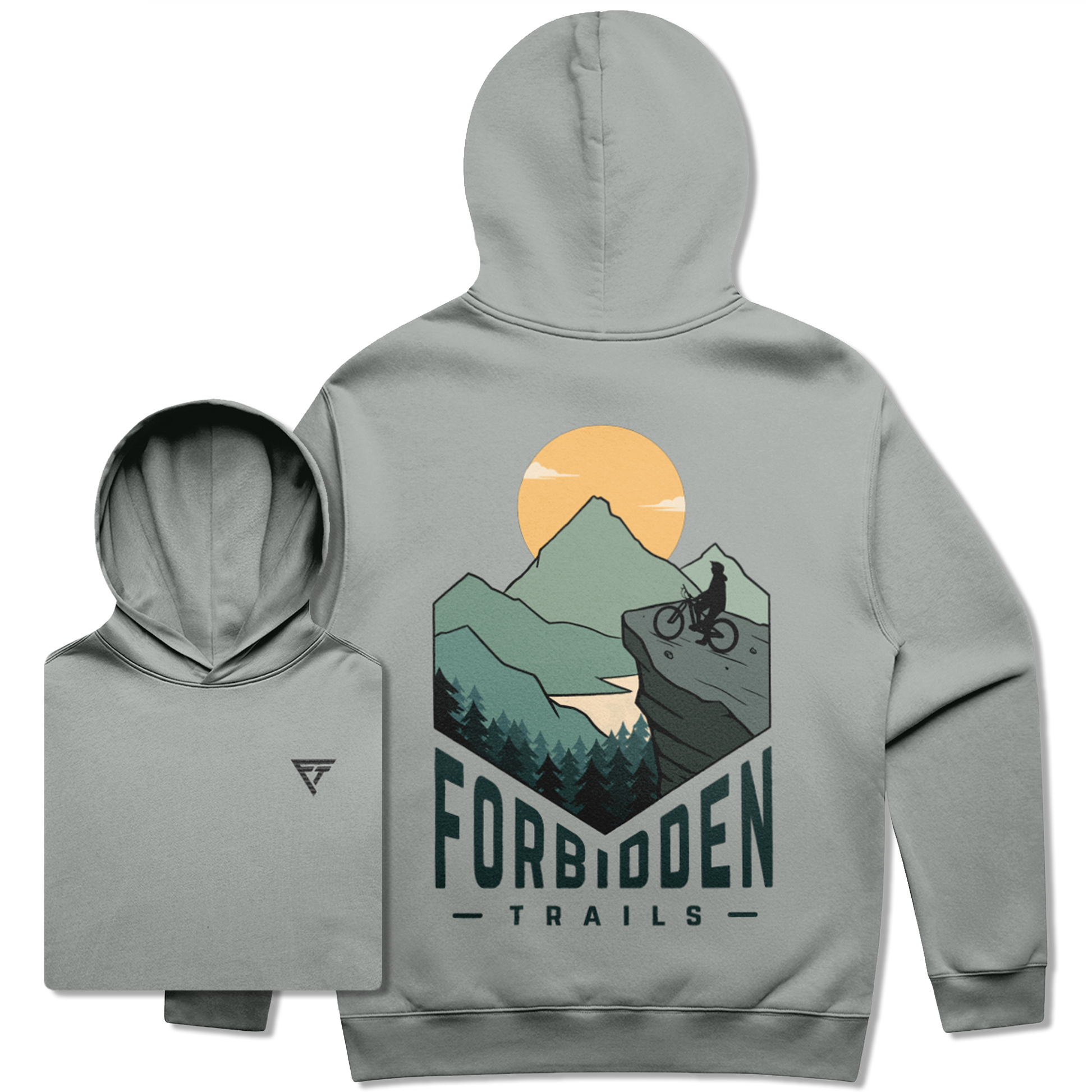 Gray hoodie with 'Forbidden Trails' graphic on back with mountain biker in the mountains