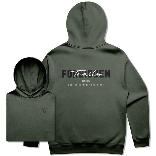 Green hoodie with Forbidden Trails branding on the back 