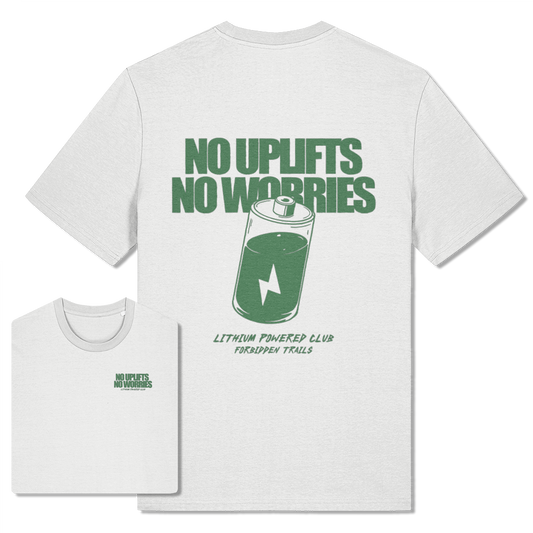 White t-shirt with green graphic of a battery and text 'No Uplifts No Worries' on a white background