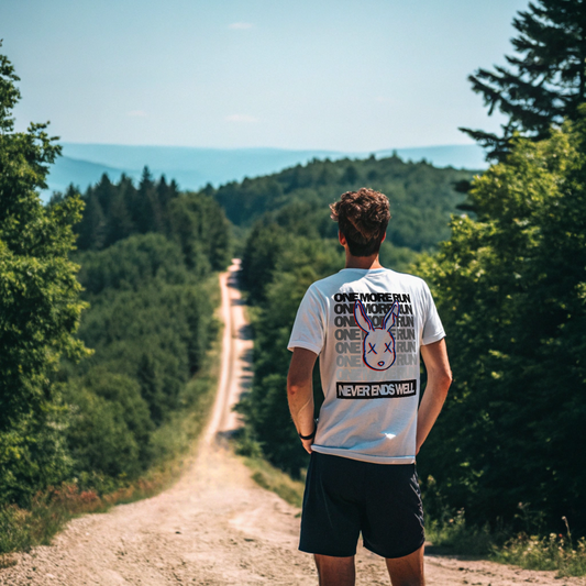 Man standing on a dirt path surrounded by trees with a scenic view in the background