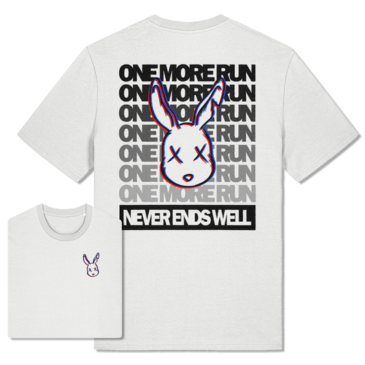 White t-shirt with graphic design and text on a white background
