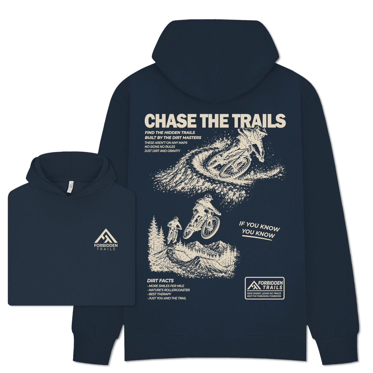 Blue Hoodie with cream mountain bike graphic on the back