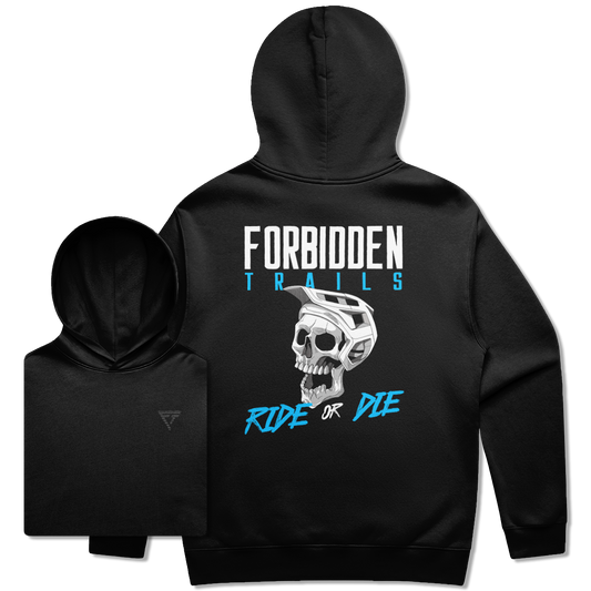 Black hoodie with 'Forbidden Trails Ride or Die' design on the back