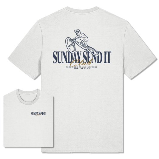 White t-shirt with 'Sunday Send It club'  text and Mountain biker graphic design