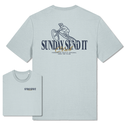 Light blue  t-shirt with 'Sunday Send It club'  text and Mountain biker graphic design